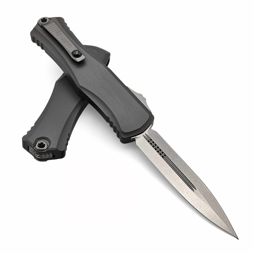 Microtech Hera II OTF AUTO M390MK Stonewashed Double Edge Dagger Natural Clear Deep Engraved Aluminum Handles 1702-10NC 7