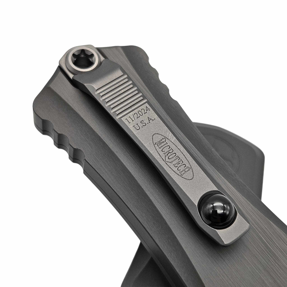 Microtech Hera II OTF AUTO M390MK Stonewashed Double Edge Dagger Natural Clear Deep Engraved Aluminum Handles 1702-10NC 8