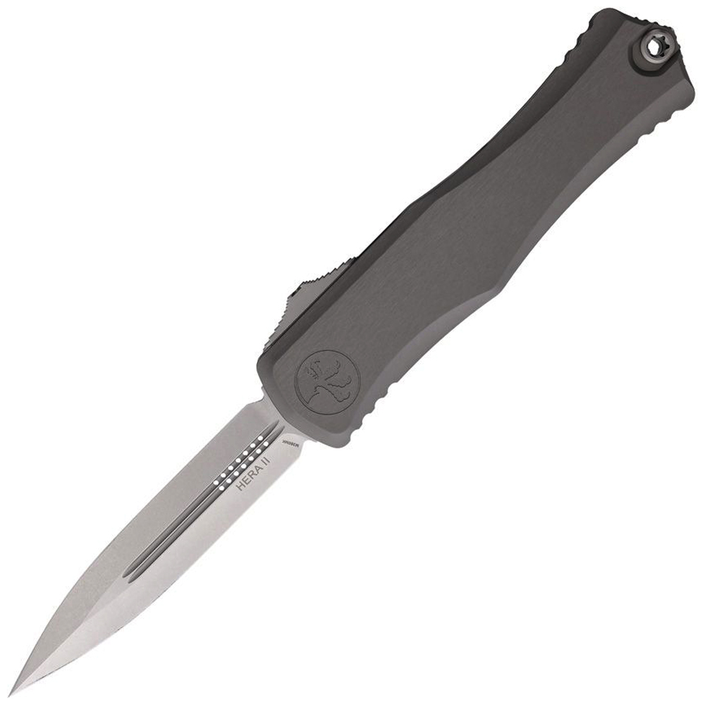 Microtech Hera II OTF AUTO M390MK Stonewashed Double Edge Dagger Natural Clear Deep Engraved Aluminum Handles 1702-10NC 1