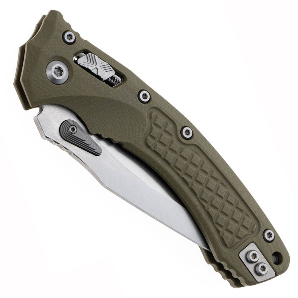 Microtech Amphibian RAM-LOK Manual Folding Bohler M390MK Apocalyptic Clip Point Plain OD Green Frag Pattern G10 Handles 137RL-10APFRGTOD 2