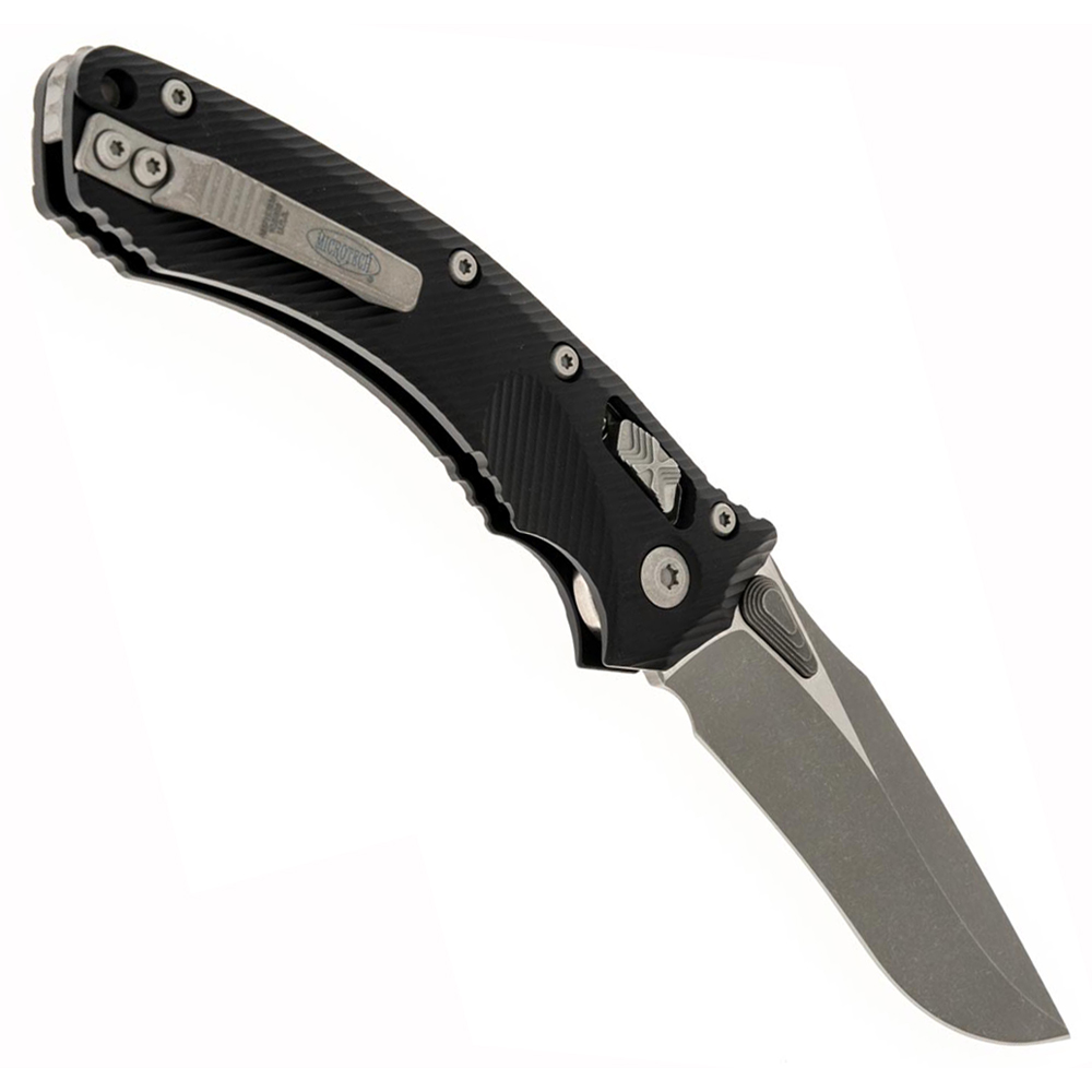 Microtech Amphibian RAM-LOK Manual Folding Bohler M390MK Apocalyptic Clip Point Plain Black Fluted Aluminum Handles 137RL-10APFL 2