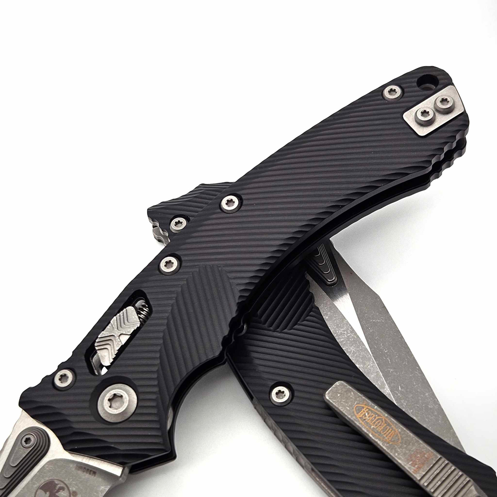 Microtech Amphibian RAM-LOK Manual Folding Bohler M390MK Apocalyptic Clip Point Plain Black Fluted Aluminum Handles 137RL-10APFL 7