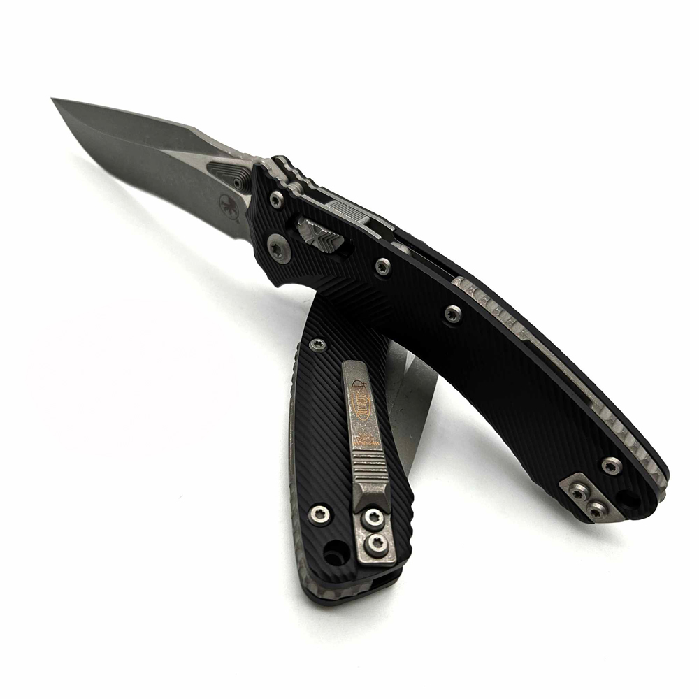 Microtech Amphibian RAM-LOK Manual Folding Bohler M390MK Apocalyptic Clip Point Plain Black Fluted Aluminum Handles 137RL-10APFL 8
