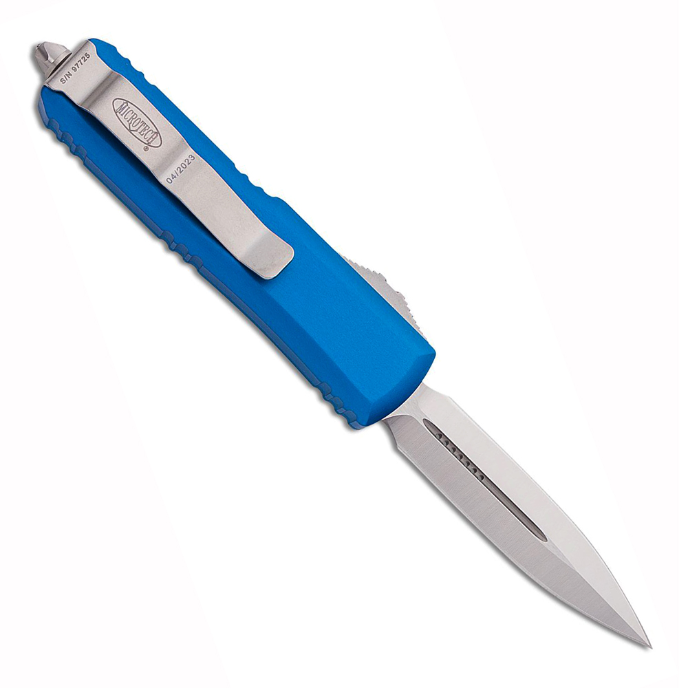 Microtech UTX-85 AUTO OTF Satin Double Edge Dagger Blue Aluminum Handles 232-4BL 3