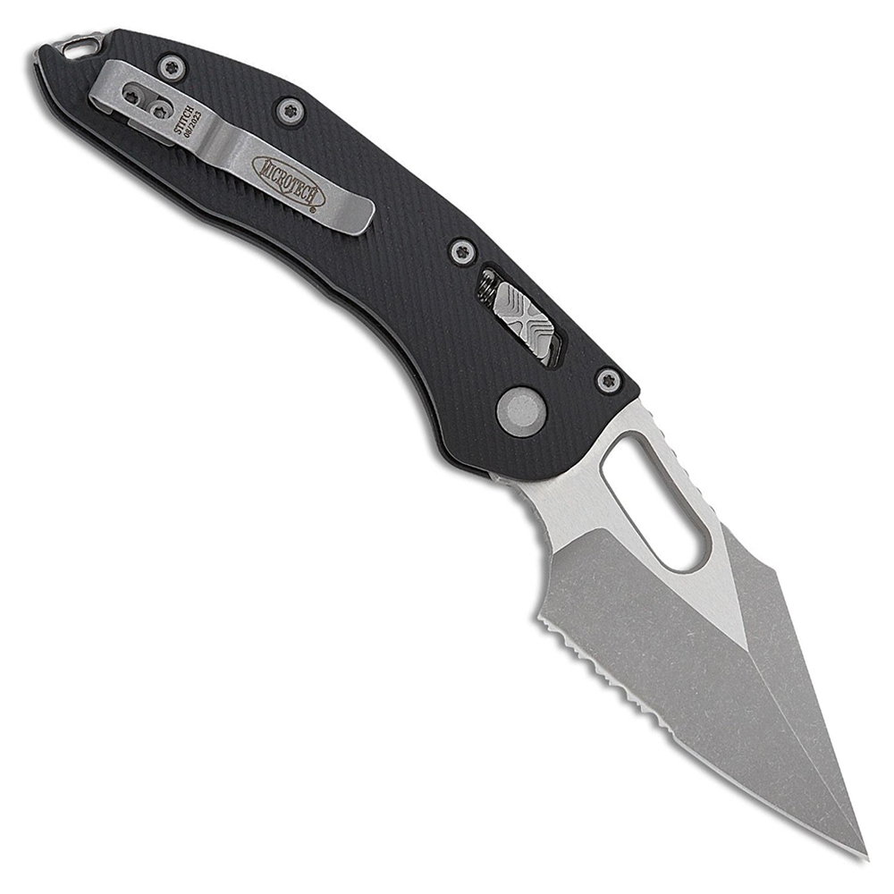 Microtech Stitch RAM-LOK Manual Bohler M390MK Apocalyptic Spear Point Combo Black Fluted G10 AXIS/Crossbar Lock 169RL-11APFLGTBK 2