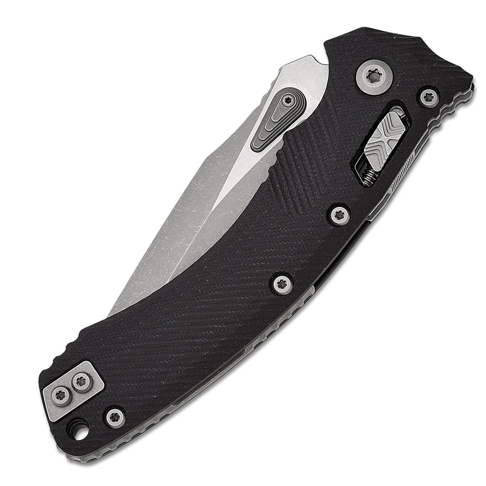 Microtech Amphibian RAM-LOK Manual Bohler M390MK Apocalyptic Clip Point Combo Black Fluted G10 AXIS/Crossbar Lock 137RL-11APFLGTBK 3