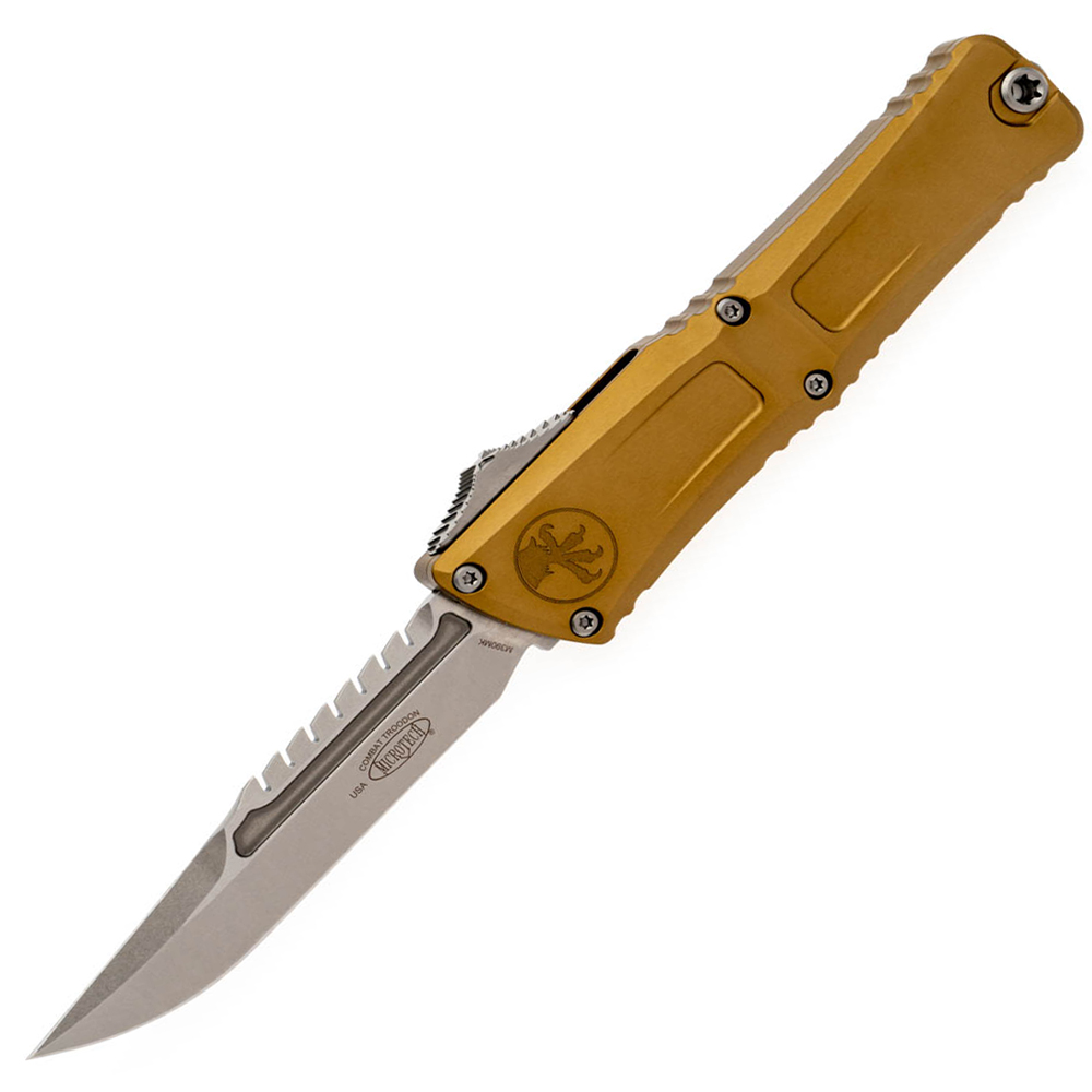 Microtech Combat Troodon Gen III Interceptor AUTO OTF M390MK Plain Stonewashed Tan Aluminum Handles Signature Series 1217-10TAS 1