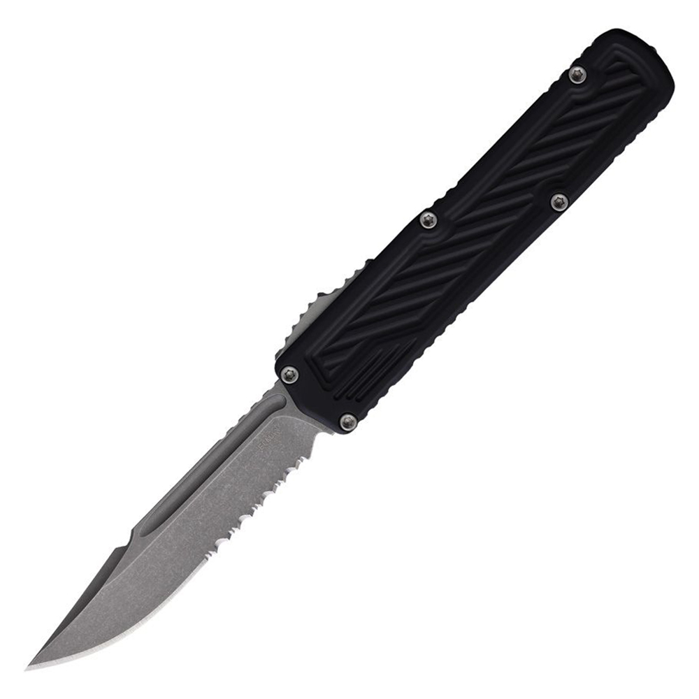 Guardian Tactical Scout Auto OTF Elmax Stonewashed Partially Serrated Clip Point Black Sculpted Aluminum 14-3512 1