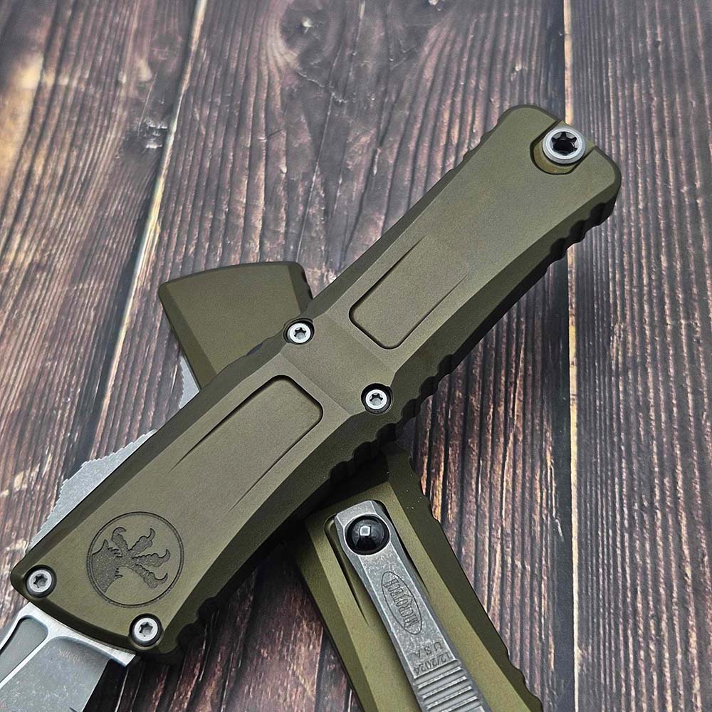 Microtech Combat Troodon Gen III AUTO OTF M390 Serrated Tanto Apocalyptic OD Green Aluminum Handles 1144-12APOD 7