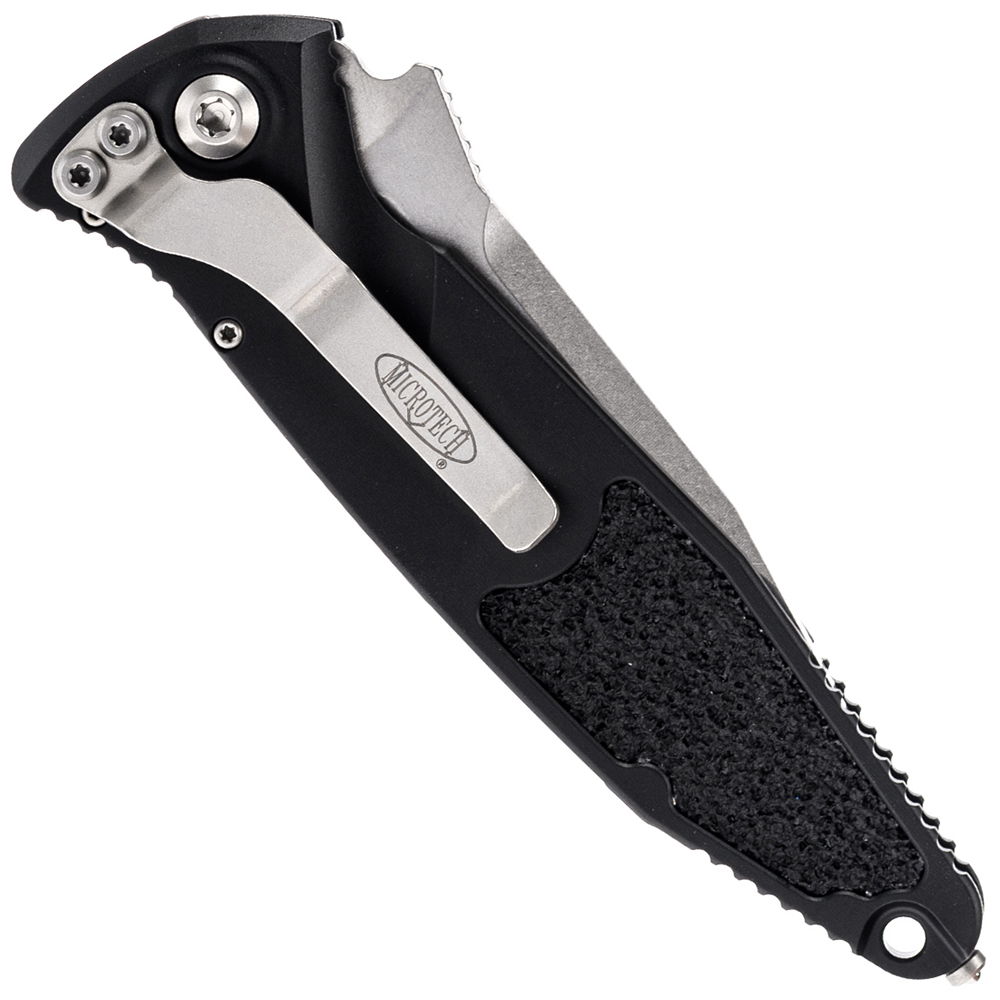 Microtech 160A-10 Socom Elite Auto Stonewashed Clip Point Plain Blade Black Aluminum Handles 4