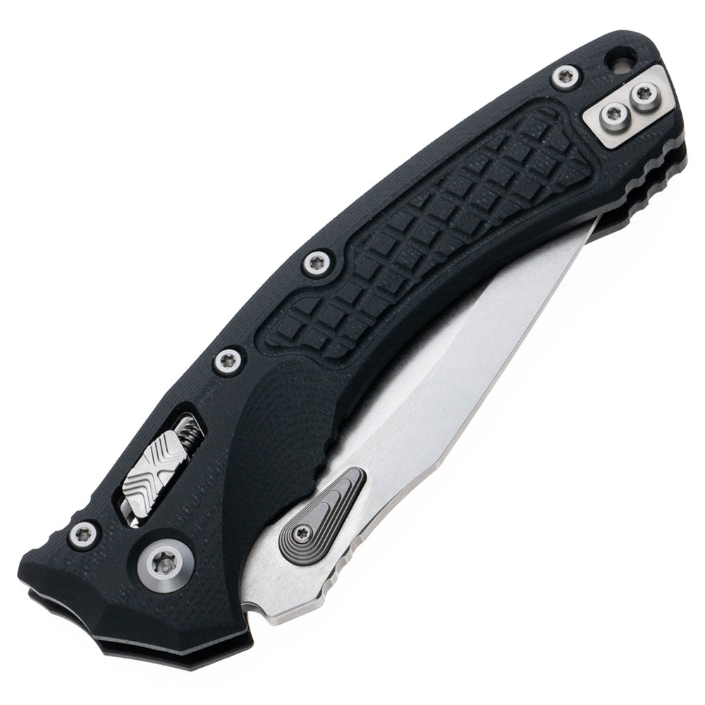 Microtech Amphibian RAM-LOK Manual Folding Bohler M390MK Stonewashed Clip Point Plain Blade Black Frag Pattern G10 Handles 137RL-10FRGTBK 4