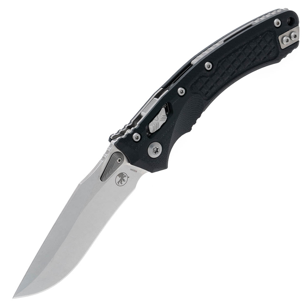Microtech Amphibian RAM-LOK Manual Folding Bohler M390MK Stonewashed Clip Point Plain Blade Black Frag Pattern G10 Handles 137RL-10FRGTBK 1