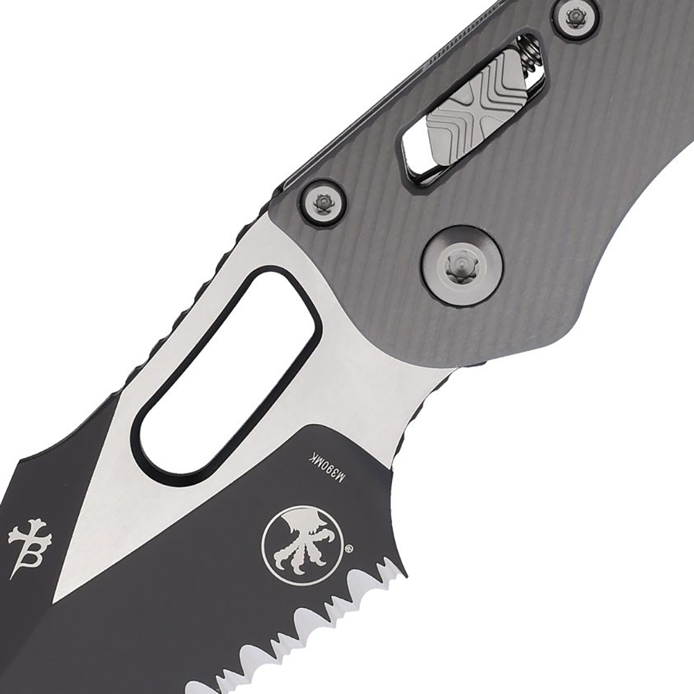 Microtech Stitch RAM-LOK Manual Folding Bohler M390MK Two-Tone Serrated Spear Point Natural Clear Fluted Aluminum 17428 3
