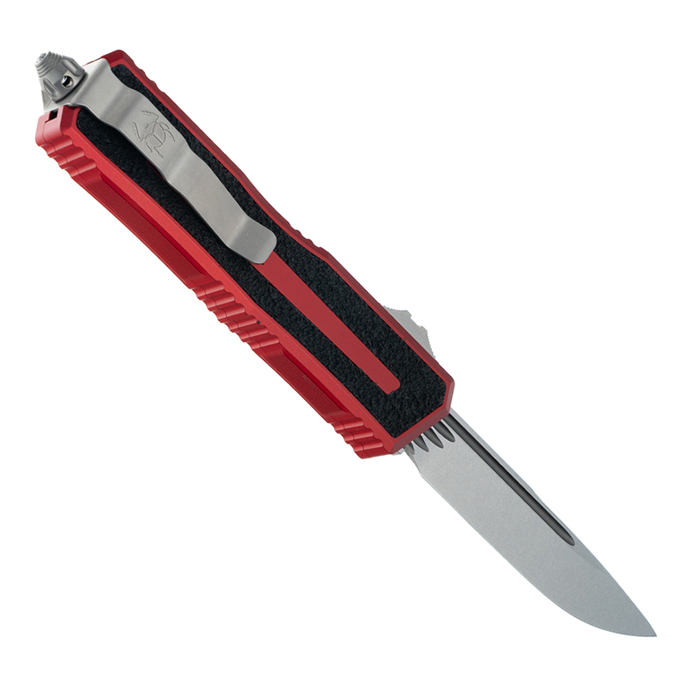 Microtech Scarab II Gen III AUTO OTF Knife M390MK Stonewashed Drop Point Plain Red Aluminum Handles with 3M Traction Tape Inserts 1278-10RD 2