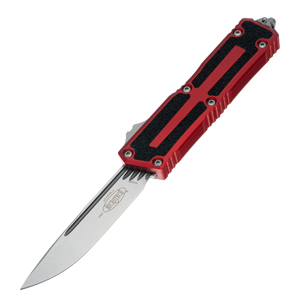 Microtech Scarab II Gen III AUTO OTF Knife M390MK Stonewashed Drop Point Plain Red Aluminum Handles with 3M Traction Tape Inserts 1278-10RD 1