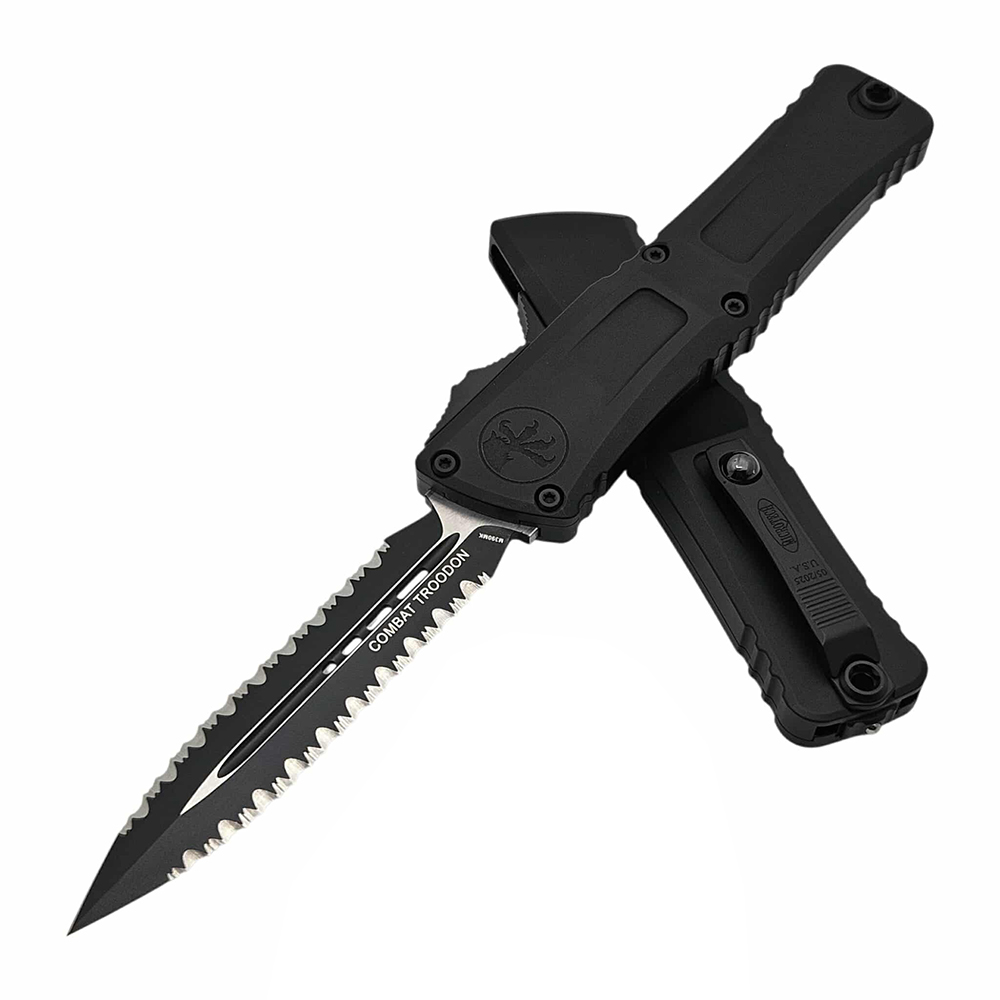Microtech Combat Troodon Gen III AUTO OTF M390MK Black Double Edge Double Full Serrated Dager Black Aluminum Handles 1142-D3T 2