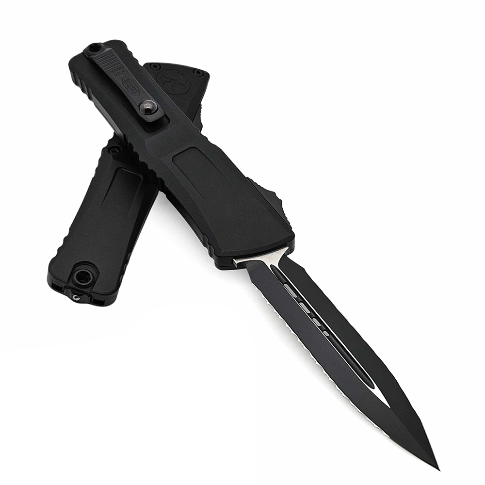 Microtech Combat Troodon Gen III AUTO OTF M390MK Black Double Edge Double Full Serrated Dager Black Aluminum Handles 1142-D3T 4