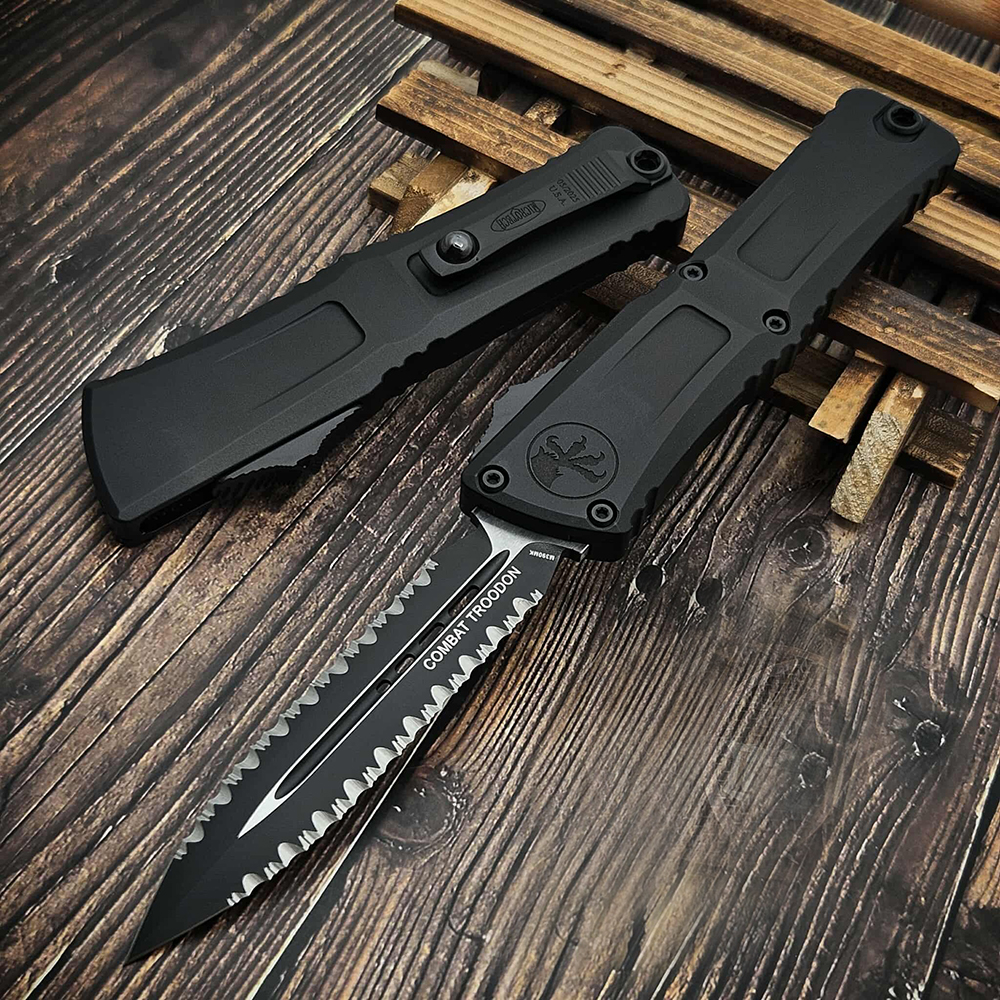 Microtech Combat Troodon Gen III AUTO OTF M390MK Black Double Edge Double Full Serrated Dager Black Aluminum Handles 1142-D3T 6