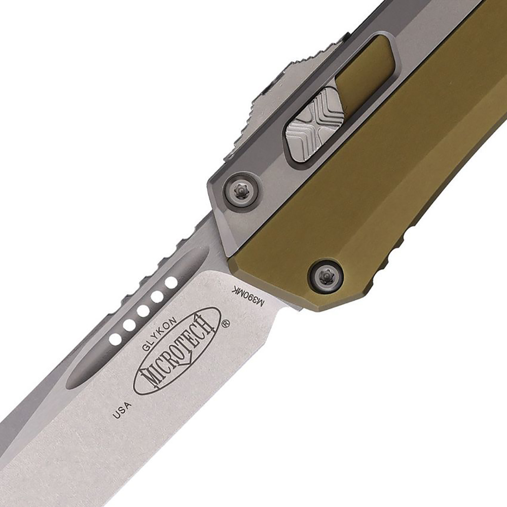 Microtech Glykon AUTO OTF Stonewashed Tanto Plain Edge OD Green Aluminum Handles with Titanium Overlays 185-10OD 2