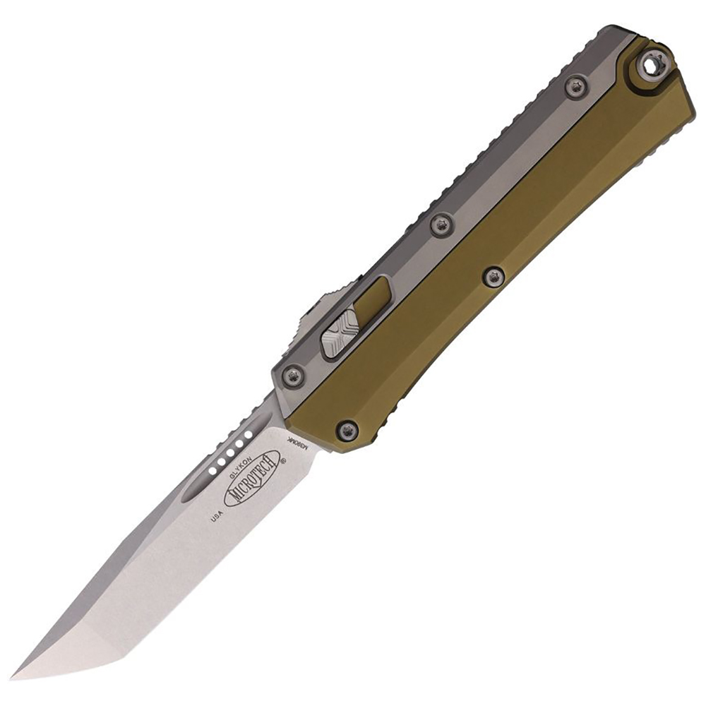Microtech Glykon AUTO OTF Stonewashed Tanto Plain Edge OD Green Aluminum Handles with Titanium Overlays 185-10OD 1